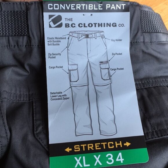 NWT BC Clothing Men's Convertible Pants / Shorts Charcoal, XL x 30 - Picture 4 of 8